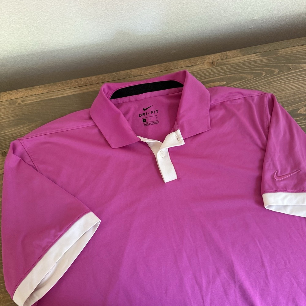 Nike Men's Medium Pink White Dri-Fit Short Sleeve Golf Polo Shirt Top
